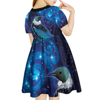 New Zealand Tui Bird Kid Short Sleeve Dress The Pleiades Star Cluster and Koru Tribal Tattoo Galaxy Vibe LT03 - Polynesian Pride
