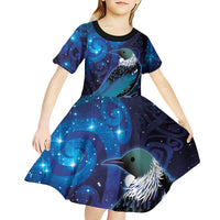 New Zealand Tui Bird Kid Short Sleeve Dress The Pleiades Star Cluster and Koru Tribal Tattoo Galaxy Vibe LT03 - Polynesian Pride