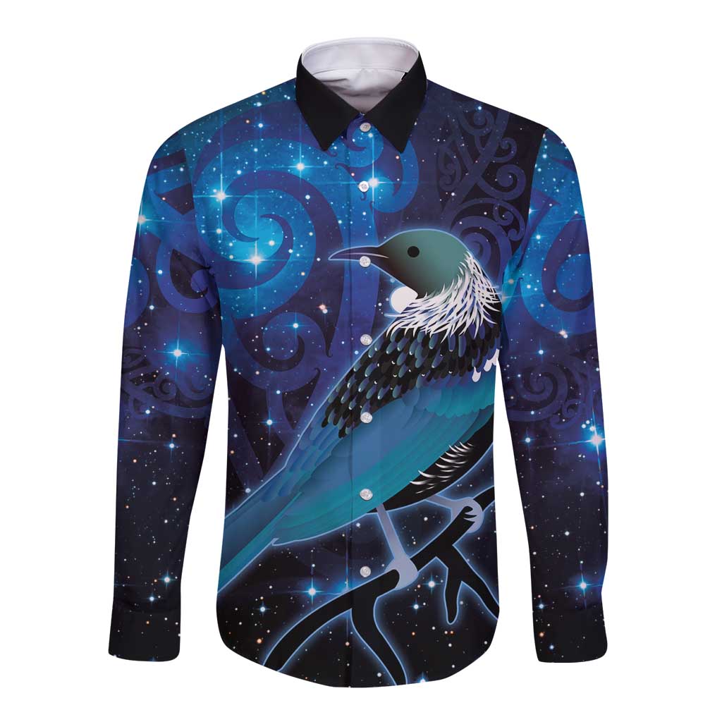 New Zealand Tui Bird Long Sleeve Button Shirt The Pleiades Star Cluster and Koru Tribal Tattoo Galaxy Vibe LT03 Unisex Blue - Polynesian Pride