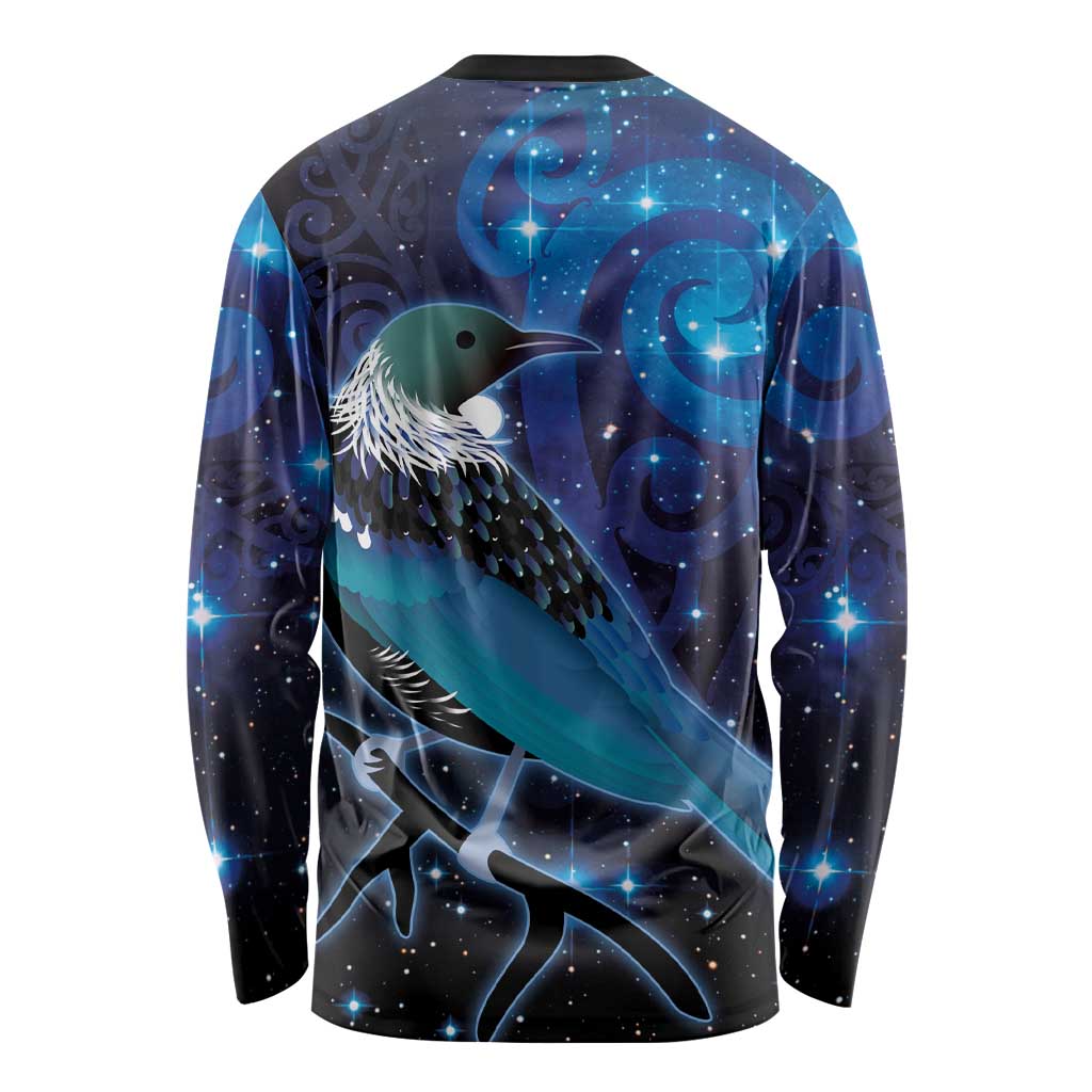 New Zealand Tui Bird Long Sleeve Shirt The Pleiades Star Cluster and Koru Tribal Tattoo Galaxy Vibe LT03 - Polynesian Pride