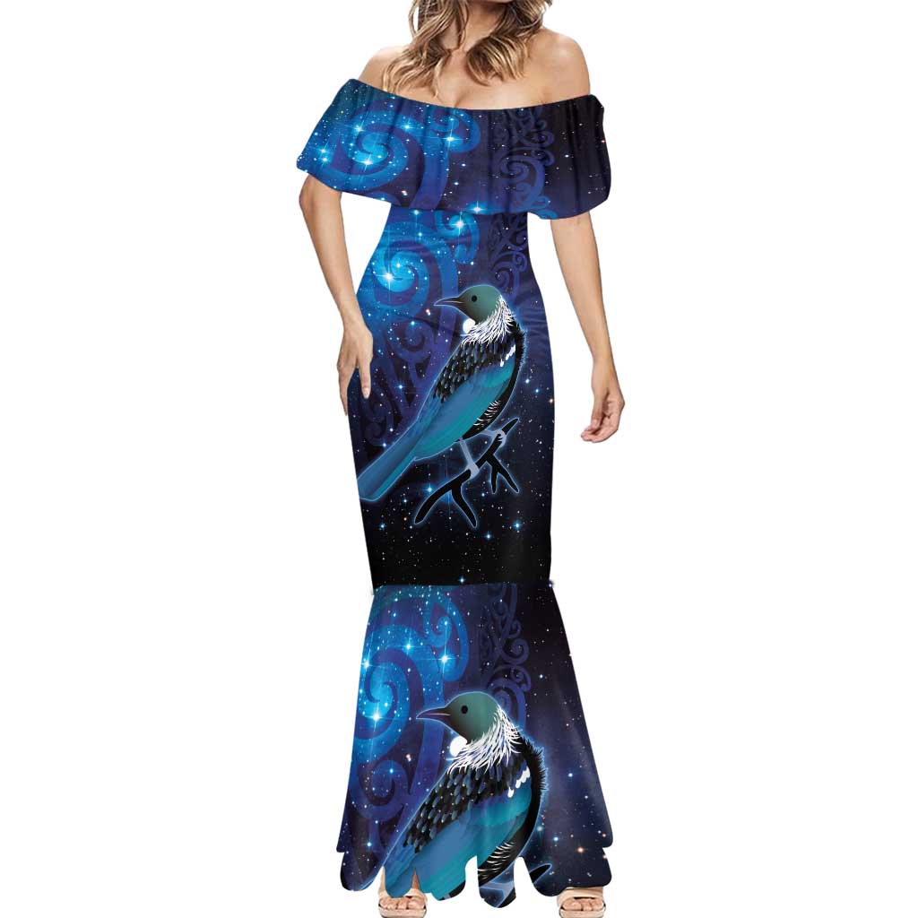 New Zealand Tui Bird Mermaid Dress The Pleiades Star Cluster and Koru Tribal Tattoo Galaxy Vibe LT03 - Polynesian Pride