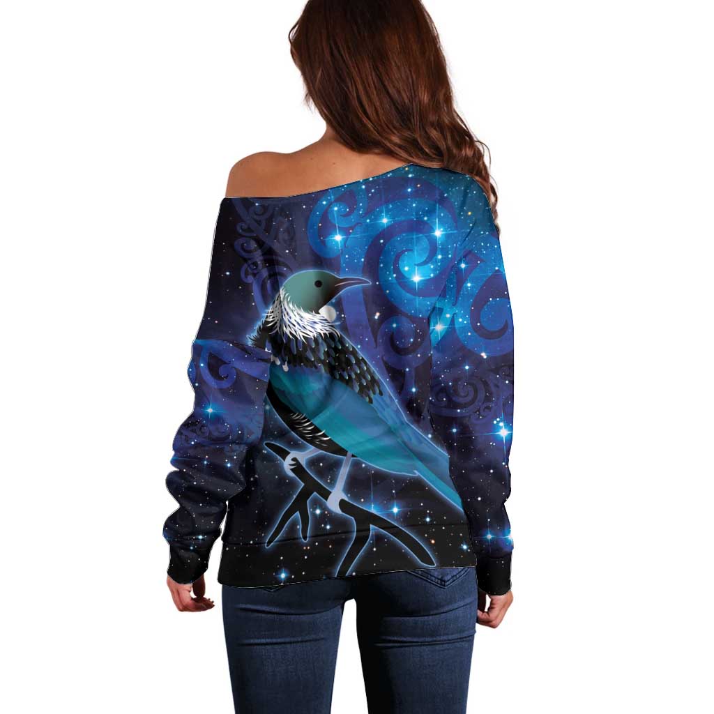 New Zealand Tui Bird Off Shoulder Sweater The Pleiades Star Cluster and Koru Tribal Tattoo Galaxy Vibe LT03 - Polynesian Pride