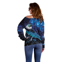 New Zealand Tui Bird Off Shoulder Sweater The Pleiades Star Cluster and Koru Tribal Tattoo Galaxy Vibe LT03 - Polynesian Pride
