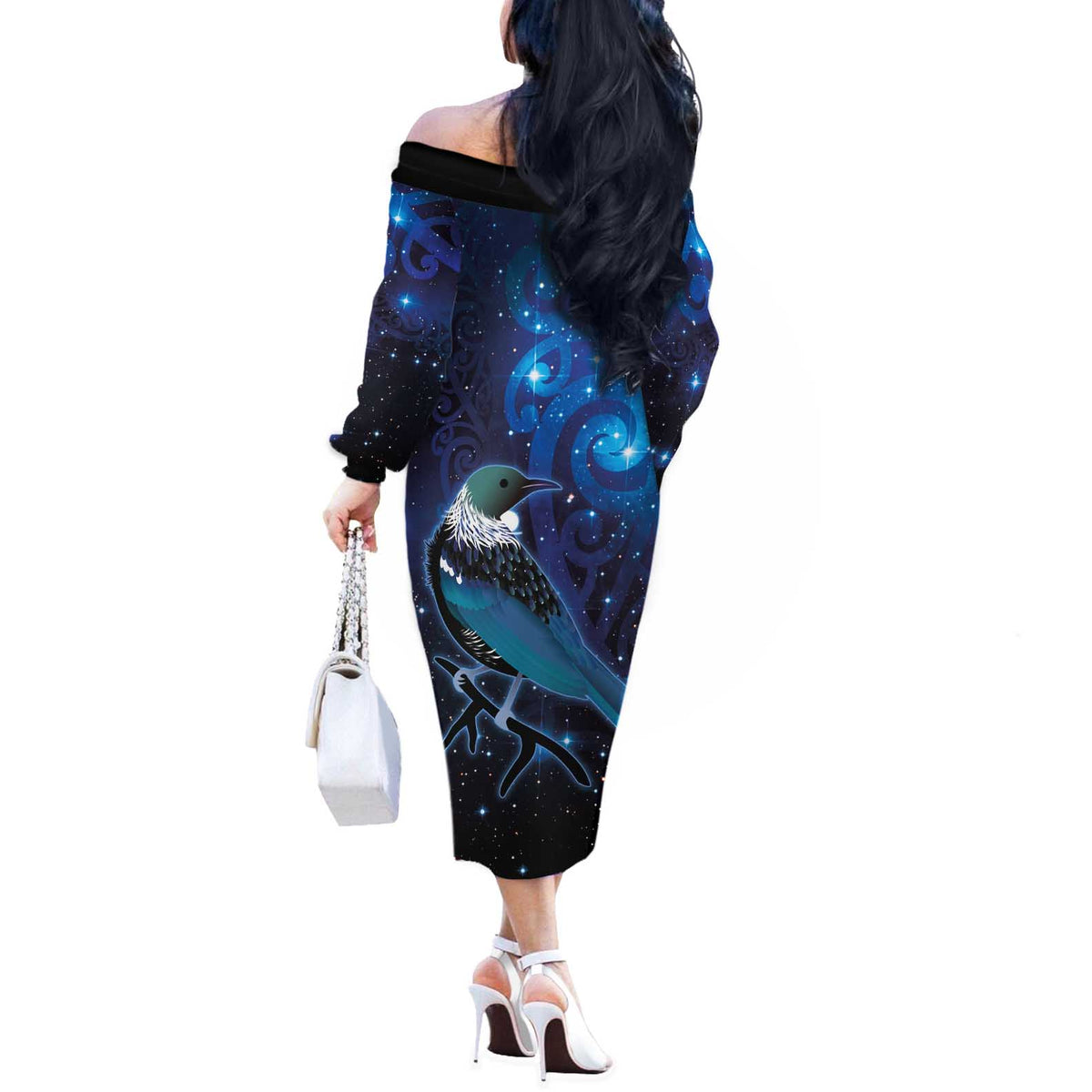 New Zealand Tui Bird Off The Shoulder Long Sleeve Dress The Pleiades Star Cluster and Koru Tribal Tattoo Galaxy Vibe LT03 - Polynesian Pride