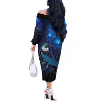 New Zealand Tui Bird Off The Shoulder Long Sleeve Dress The Pleiades Star Cluster and Koru Tribal Tattoo Galaxy Vibe LT03 - Polynesian Pride