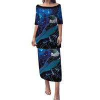 New Zealand Tui Bird Puletasi The Pleiades Star Cluster and Koru Tribal Tattoo Galaxy Vibe LT03 Long Dress Blue - Polynesian Pride