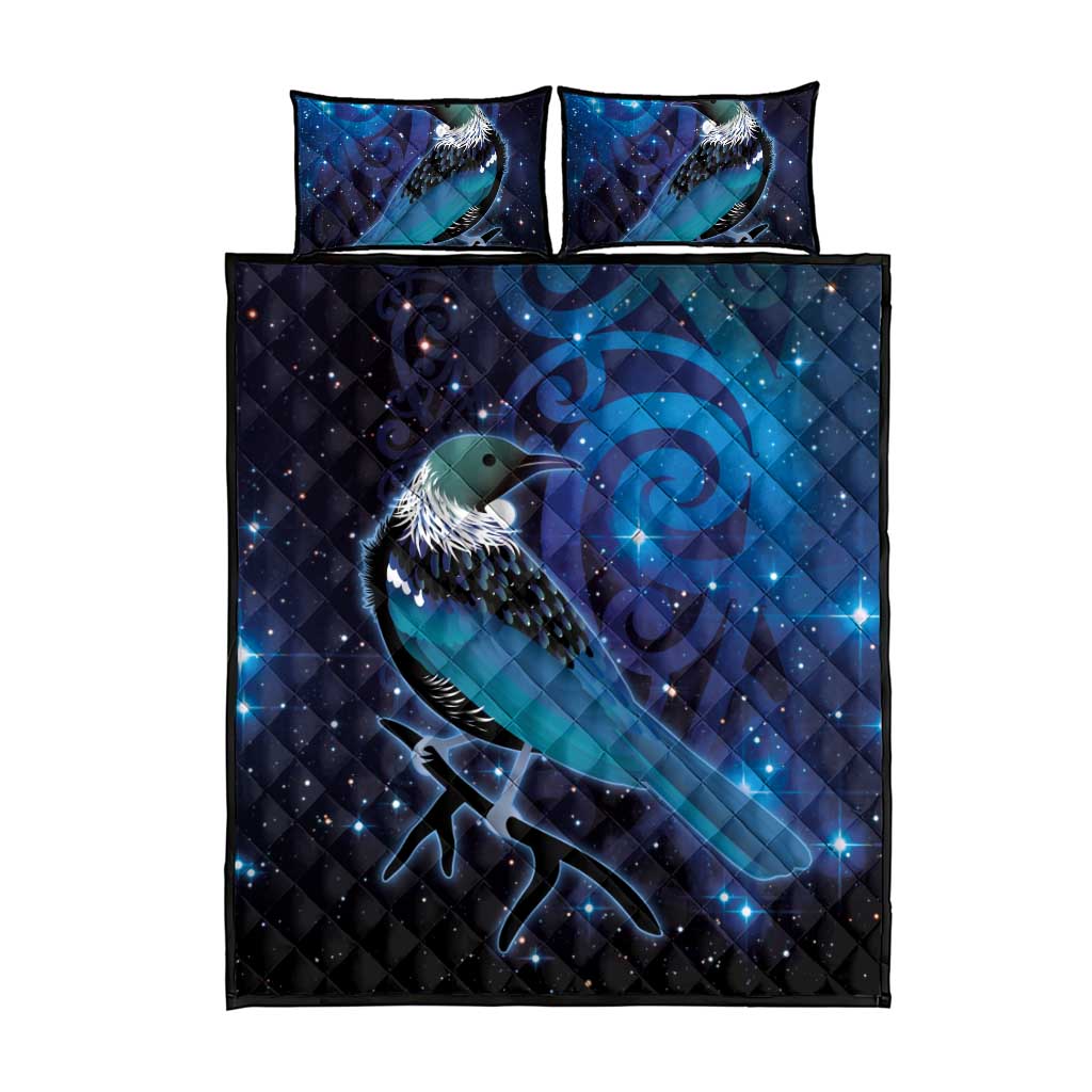 New Zealand Tui Bird Quilt Bed Set The Pleiades Star Cluster and Koru Tribal Tattoo Galaxy Vibe LT03 - Polynesian Pride