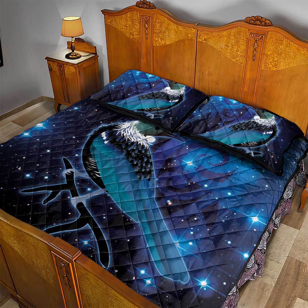 New Zealand Tui Bird Quilt Bed Set The Pleiades Star Cluster and Koru Tribal Tattoo Galaxy Vibe LT03 - Polynesian Pride