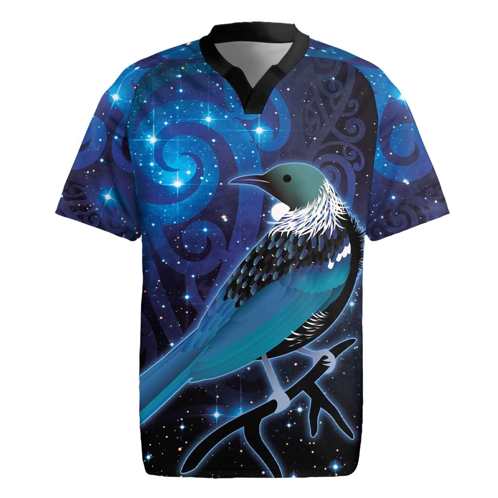 New Zealand Tui Bird Rugby Jersey The Pleiades Star Cluster and Koru Tribal Tattoo Galaxy Vibe LT03 Blue - Polynesian Pride