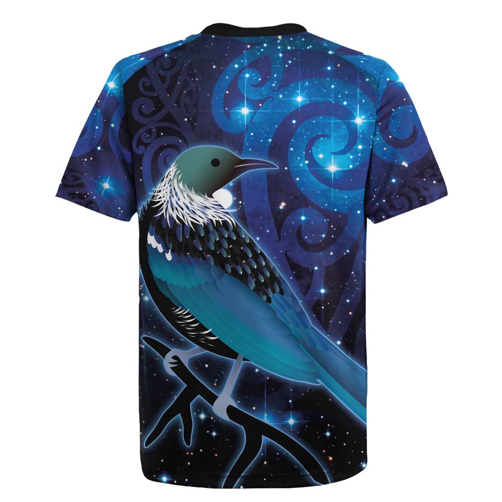 New Zealand Tui Bird Rugby Jersey The Pleiades Star Cluster and Koru Tribal Tattoo Galaxy Vibe LT03 - Polynesian Pride