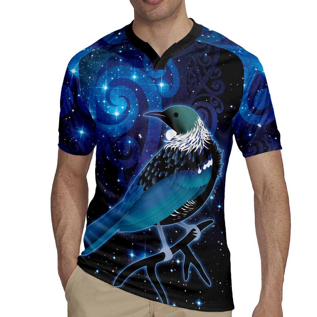 New Zealand Tui Bird Rugby Jersey The Pleiades Star Cluster and Koru Tribal Tattoo Galaxy Vibe LT03 - Polynesian Pride