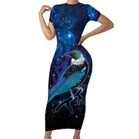 New Zealand Tui Bird Short Sleeve Bodycon Dress The Pleiades Star Cluster and Koru Tribal Tattoo Galaxy Vibe LT03 Long Dress Blue - Polynesian Pride