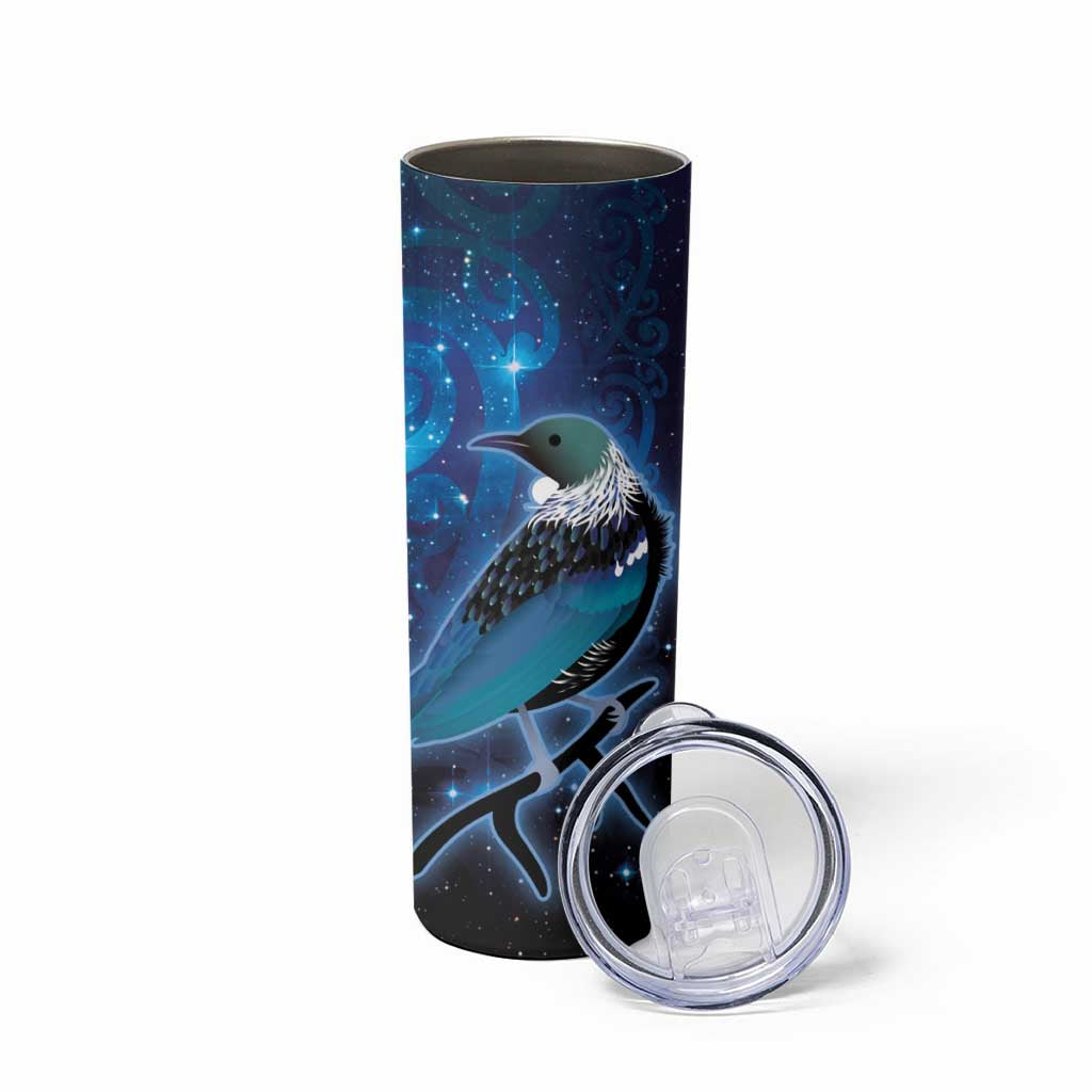 New Zealand Tui Bird Skinny Tumbler The Pleiades Star Cluster and Koru Tribal Tattoo Galaxy Vibe LT03 - Polynesian Pride
