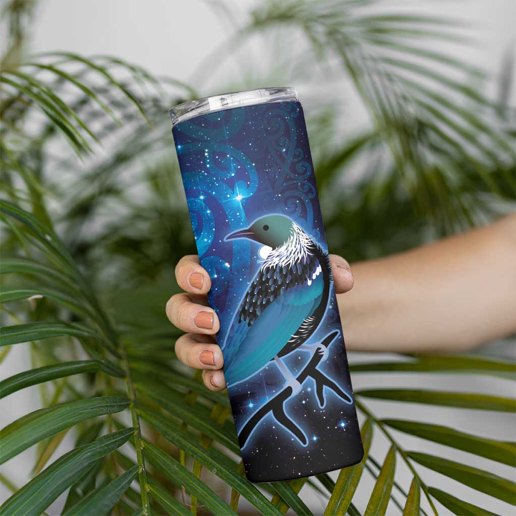 New Zealand Tui Bird Skinny Tumbler The Pleiades Star Cluster and Koru Tribal Tattoo Galaxy Vibe LT03 - Polynesian Pride
