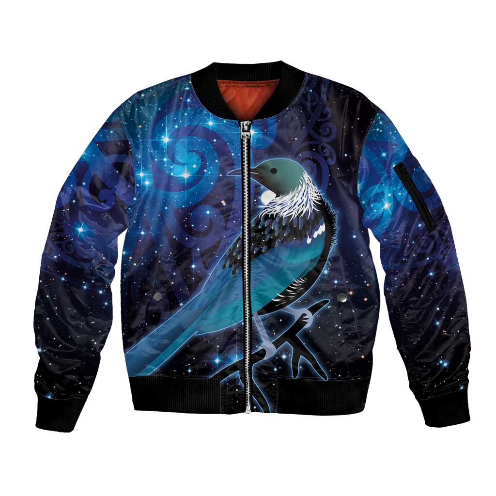 New Zealand Tui Bird Sleeve Zip Bomber Jacket The Pleiades Star Cluster and Koru Tribal Tattoo Galaxy Vibe LT03 Unisex Blue - Polynesian Pride