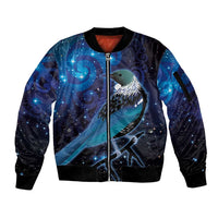 New Zealand Tui Bird Sleeve Zip Bomber Jacket The Pleiades Star Cluster and Koru Tribal Tattoo Galaxy Vibe LT03 Unisex Blue - Polynesian Pride