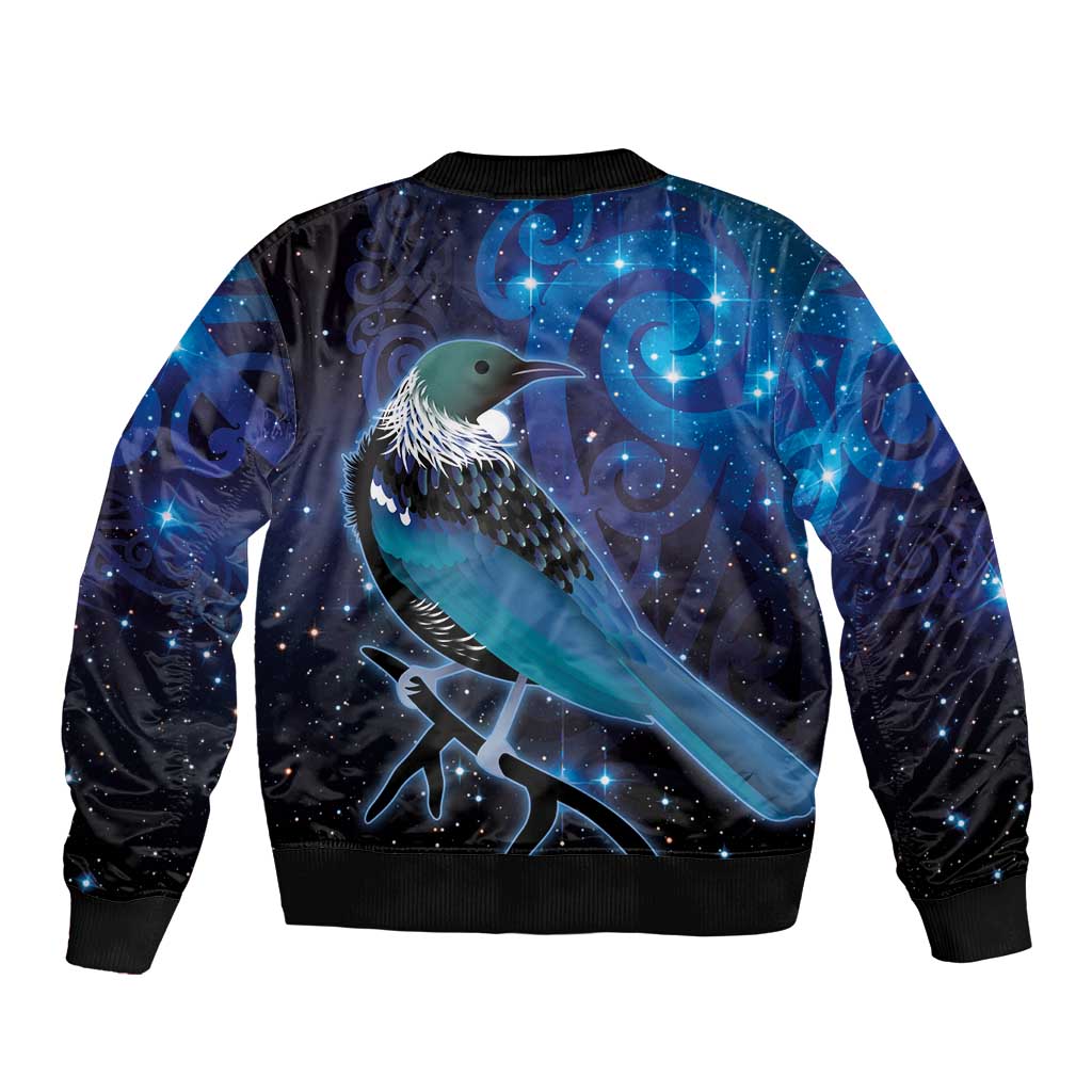 New Zealand Tui Bird Sleeve Zip Bomber Jacket The Pleiades Star Cluster and Koru Tribal Tattoo Galaxy Vibe LT03 - Polynesian Pride