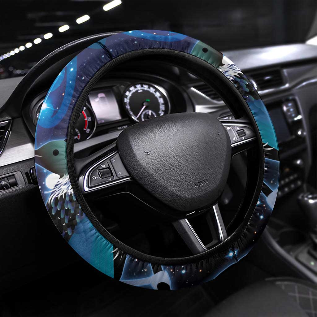 New Zealand Tui Bird Steering Wheel Cover The Pleiades Star Cluster and Koru Tribal Tattoo Galaxy Vibe LT03 Universal Fit Blue - Polynesian Pride