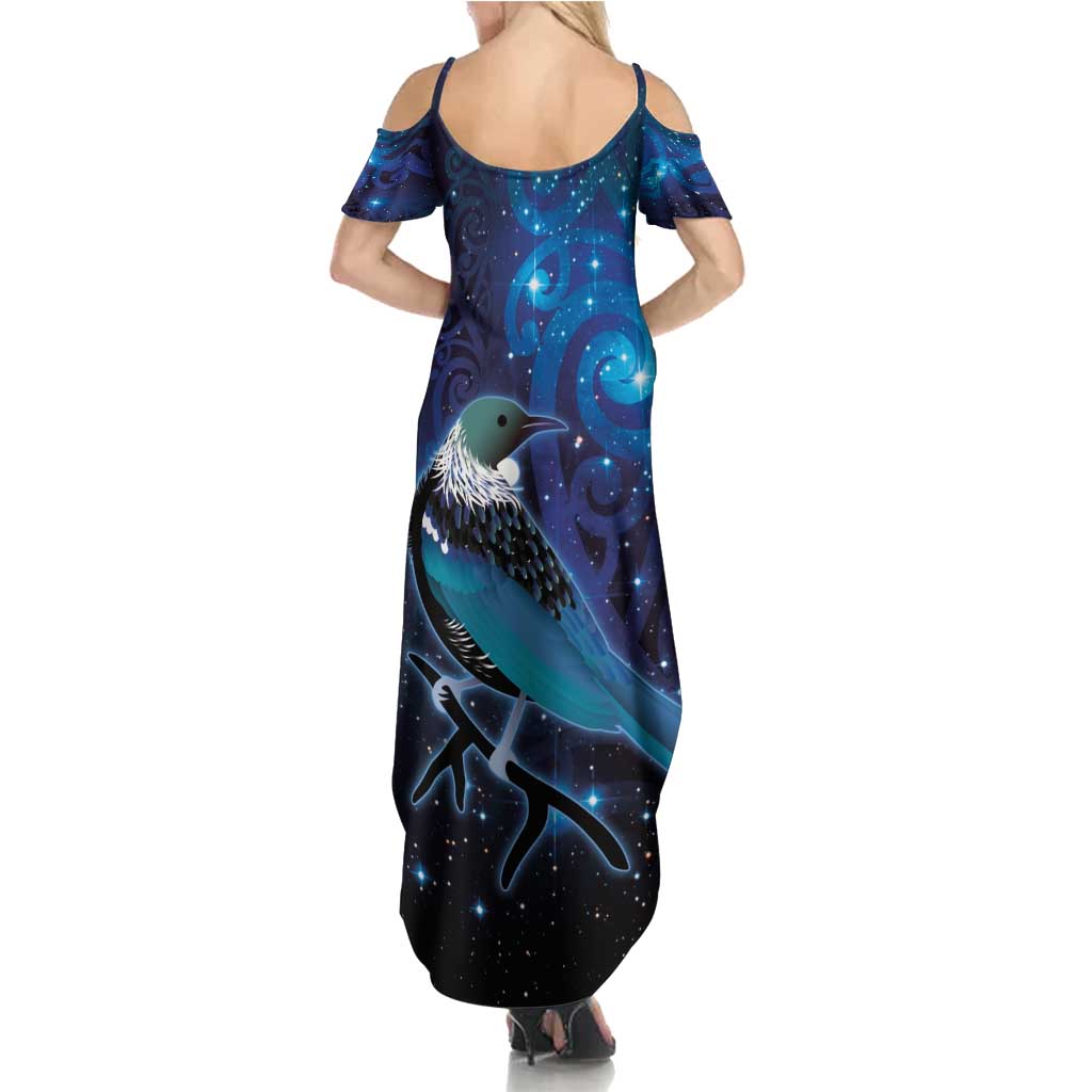 New Zealand Tui Bird Summer Maxi Dress The Pleiades Star Cluster and Koru Tribal Tattoo Galaxy Vibe LT03 - Polynesian Pride