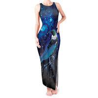 New Zealand Tui Bird Tank Maxi Dress The Pleiades Star Cluster and Koru Tribal Tattoo Galaxy Vibe LT03 Women Blue - Polynesian Pride