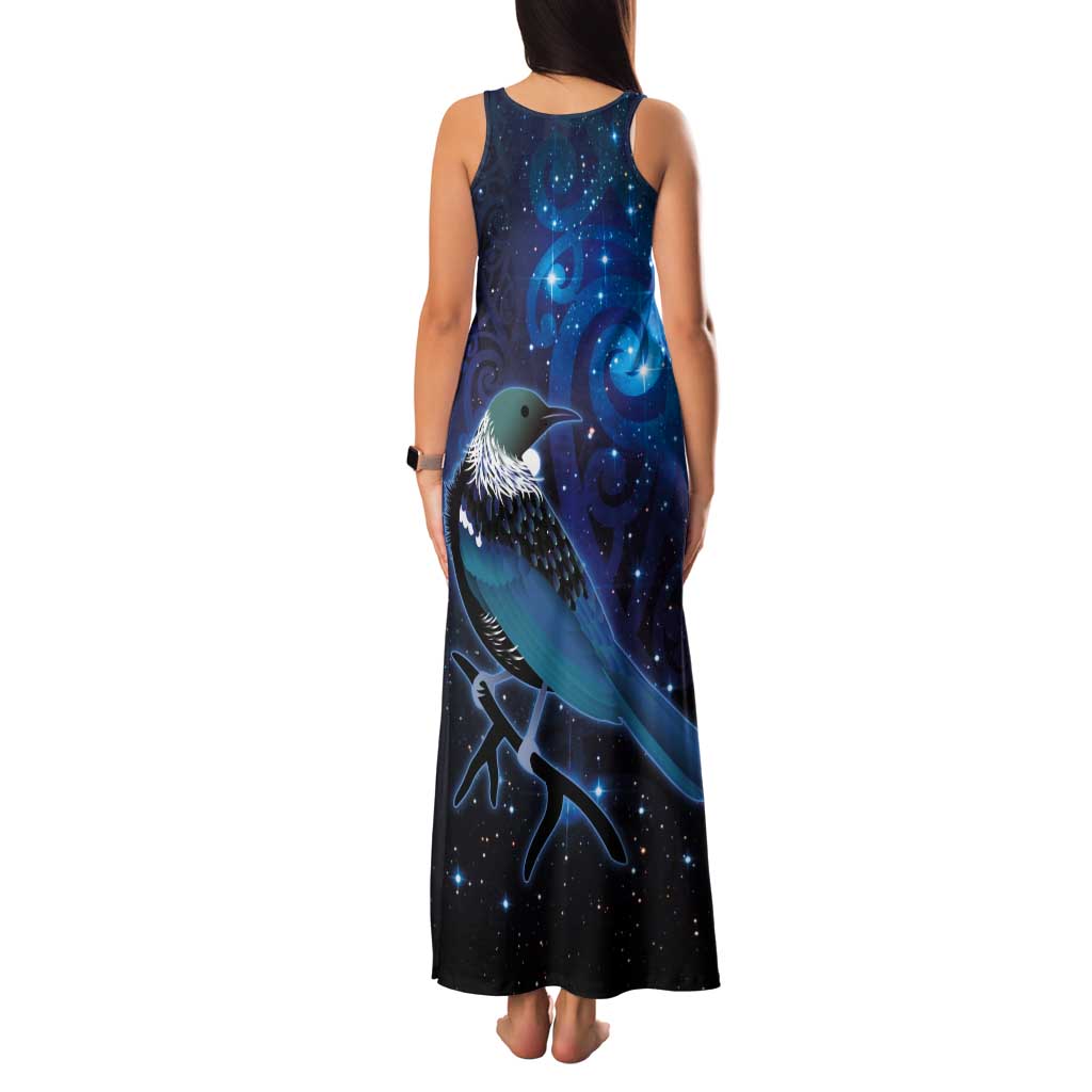 New Zealand Tui Bird Tank Maxi Dress The Pleiades Star Cluster and Koru Tribal Tattoo Galaxy Vibe LT03 - Polynesian Pride