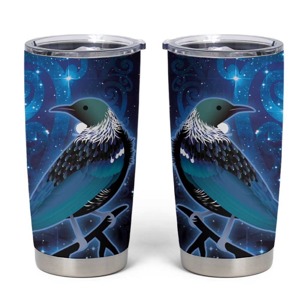 New Zealand Tui Bird Tumbler Cup The Pleiades Star Cluster and Koru Tribal Tattoo Galaxy Vibe LT03 Blue - Polynesian Pride