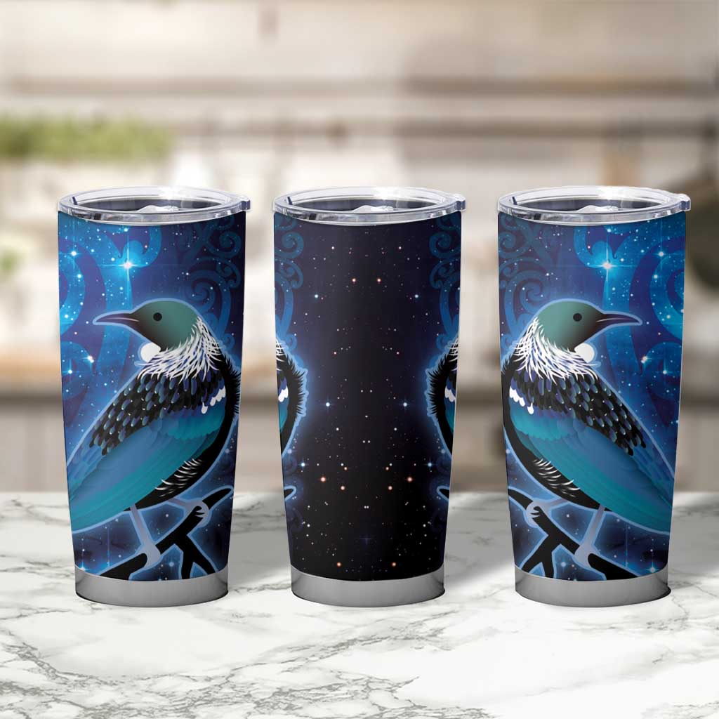 New Zealand Tui Bird Tumbler Cup The Pleiades Star Cluster and Koru Tribal Tattoo Galaxy Vibe LT03 - Polynesian Pride