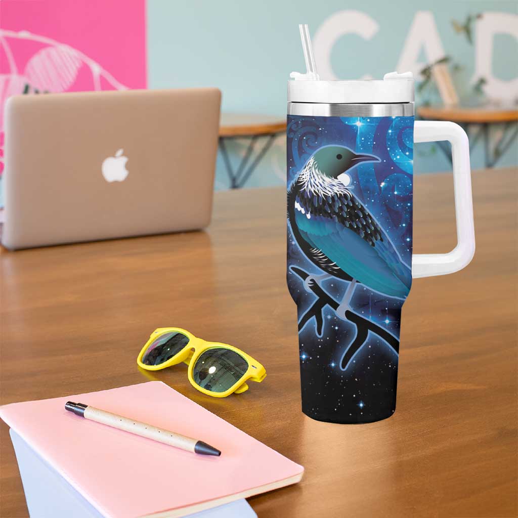 New Zealand Tui Bird Tumbler With Handle The Pleiades Star Cluster and Koru Tribal Tattoo Galaxy Vibe LT03 - Polynesian Pride