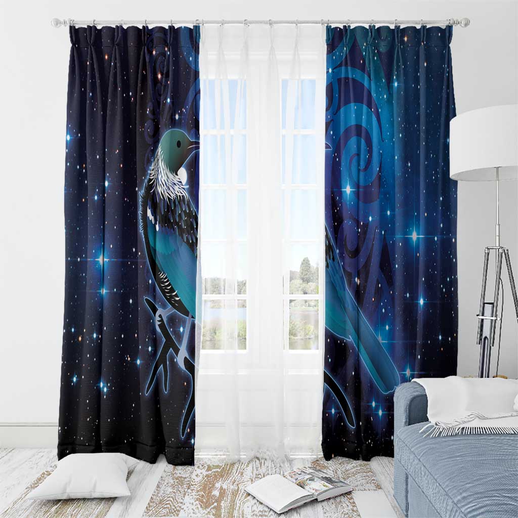 New Zealand Tui Bird Window Curtain The Pleiades Star Cluster and Koru Tribal Tattoo Galaxy Vibe LT03 - Polynesian Pride