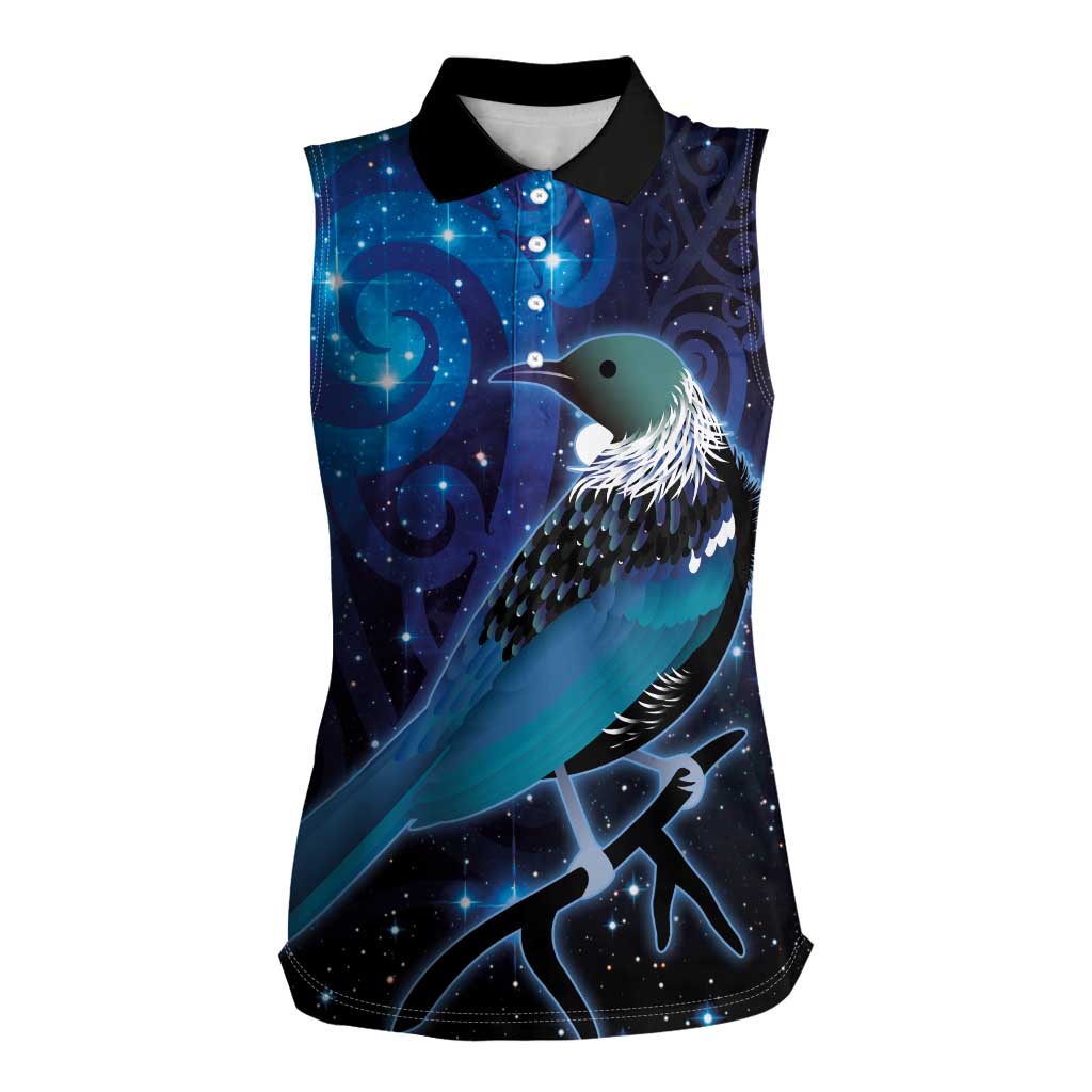 New Zealand Tui Bird Women Sleeveless Polo Shirt The Pleiades Star Cluster and Koru Tribal Tattoo Galaxy Vibe