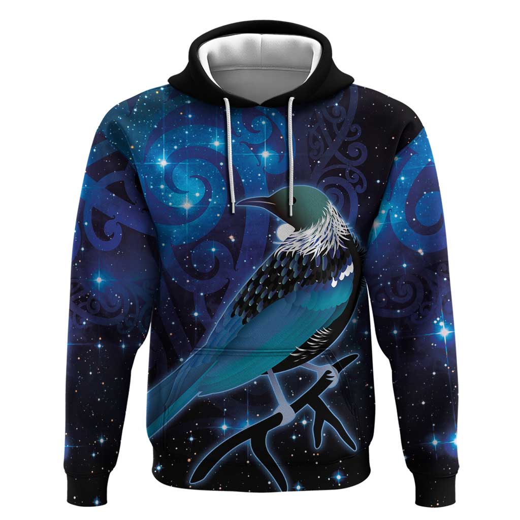 New Zealand Tui Bird Zip Hoodie The Pleiades Star Cluster and Koru Tribal Tattoo Galaxy Vibe LT03 Pullover Hoodie Blue - Polynesian Pride