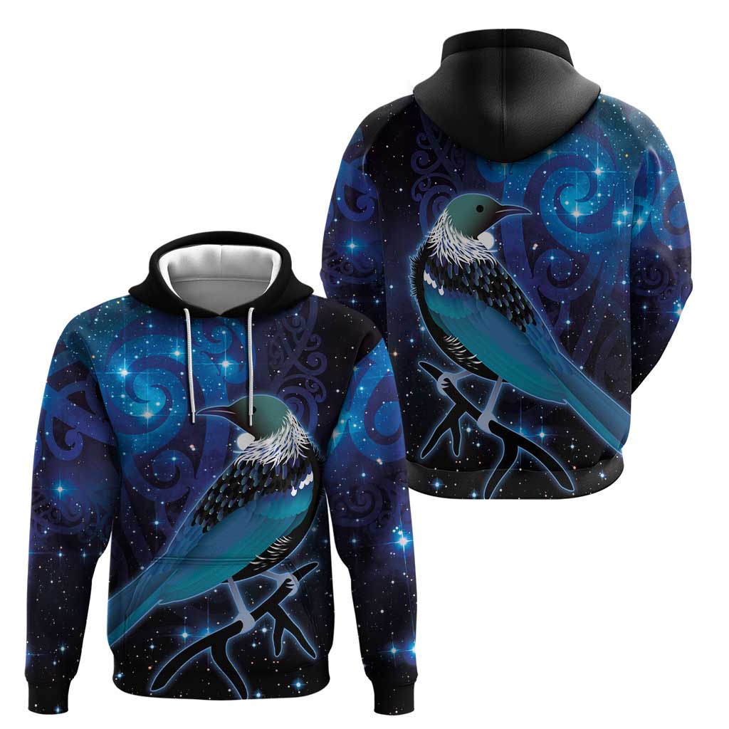 New Zealand Tui Bird Zip Hoodie The Pleiades Star Cluster and Koru Tribal Tattoo Galaxy Vibe LT03 - Polynesian Pride