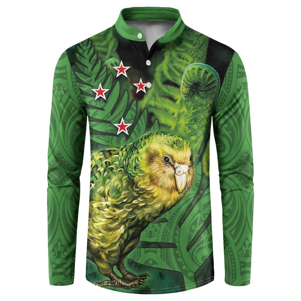 New Zealand Kkp Button Sweatshirt Silver Fern with Close up of Green Fern Leaves and Maori Tattoo LT03 Green - Polynesian Pride