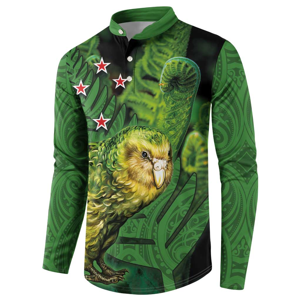 New Zealand Kkp Button Sweatshirt Silver Fern with Close up of Green Fern Leaves and Maori Tattoo LT03 - Polynesian Pride