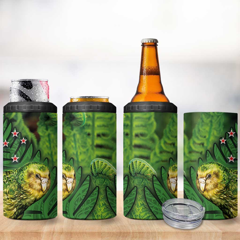 New Zealand Kkp 4 in 1 Can Cooler Tumbler Silver Fern with Close up of Green Fern Leaves and Maori Tattoo LT03 - Polynesian Pride