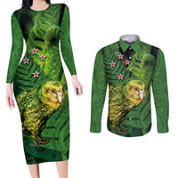 New Zealand Kkp Couples Matching Long Sleeve Bodycon Dress and Long Sleeve Button Shirt Silver Fern with Close up of Green Fern Leaves and Maori Tattoo LT03 Green - Polynesian Pride