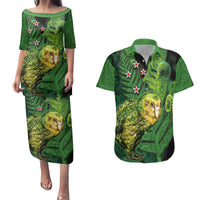 New Zealand Kkp Couples Matching Puletasi and Hawaiian Shirt Silver Fern with Close up of Green Fern Leaves and Maori Tattoo LT03 Green - Polynesian Pride