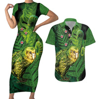 New Zealand Kkp Couples Matching Short Sleeve Bodycon Dress and Hawaiian Shirt Silver Fern with Close up of Green Fern Leaves and Maori Tattoo LT03 Green - Polynesian Pride