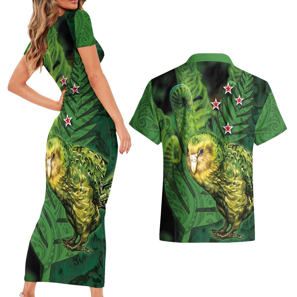 New Zealand Kkp Couples Matching Short Sleeve Bodycon Dress and Hawaiian Shirt Silver Fern with Close up of Green Fern Leaves and Maori Tattoo LT03 - Polynesian Pride