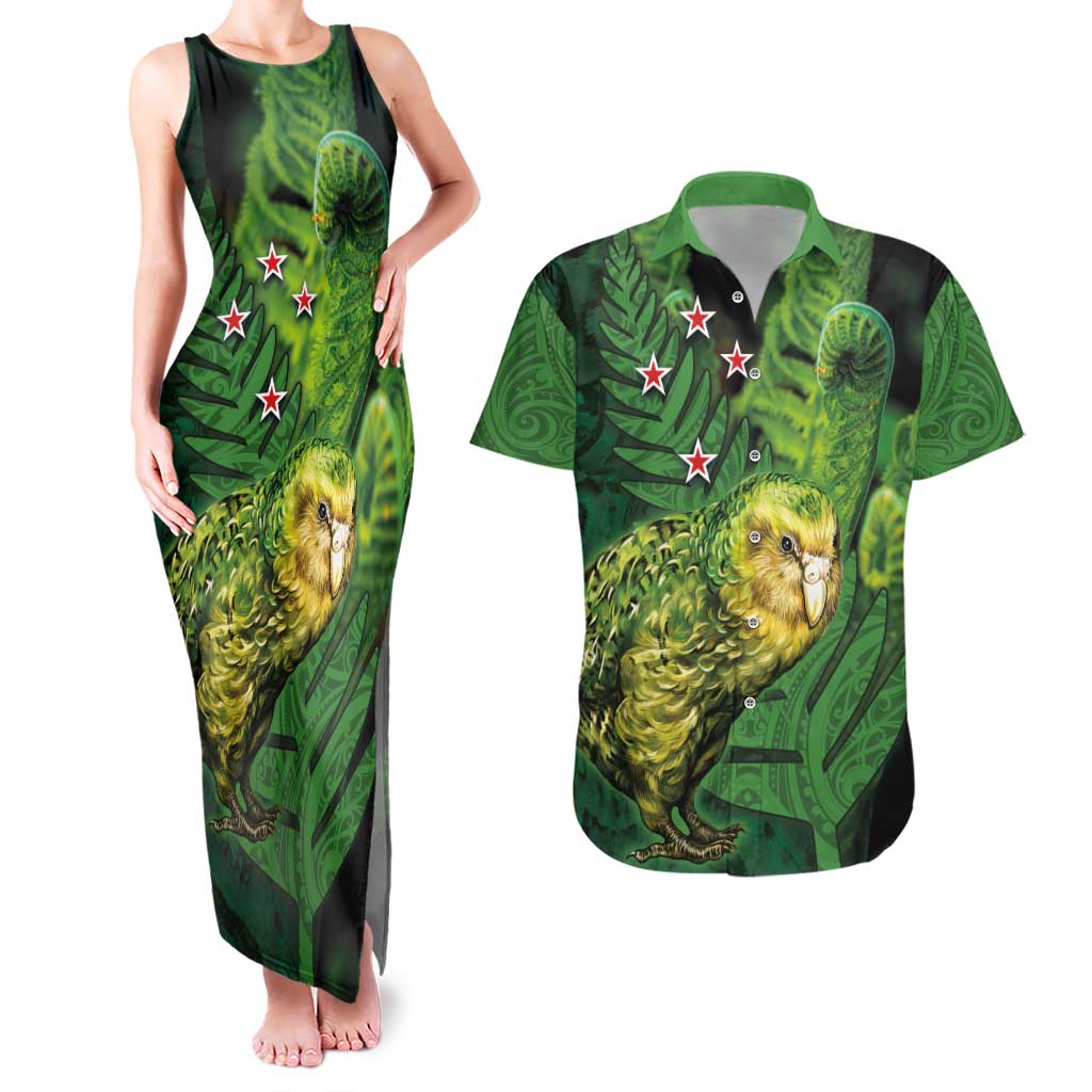 New Zealand Kkp Couples Matching Tank Maxi Dress and Hawaiian Shirt Silver Fern with Close up of Green Fern Leaves and Maori Tattoo LT03 Green - Polynesian Pride