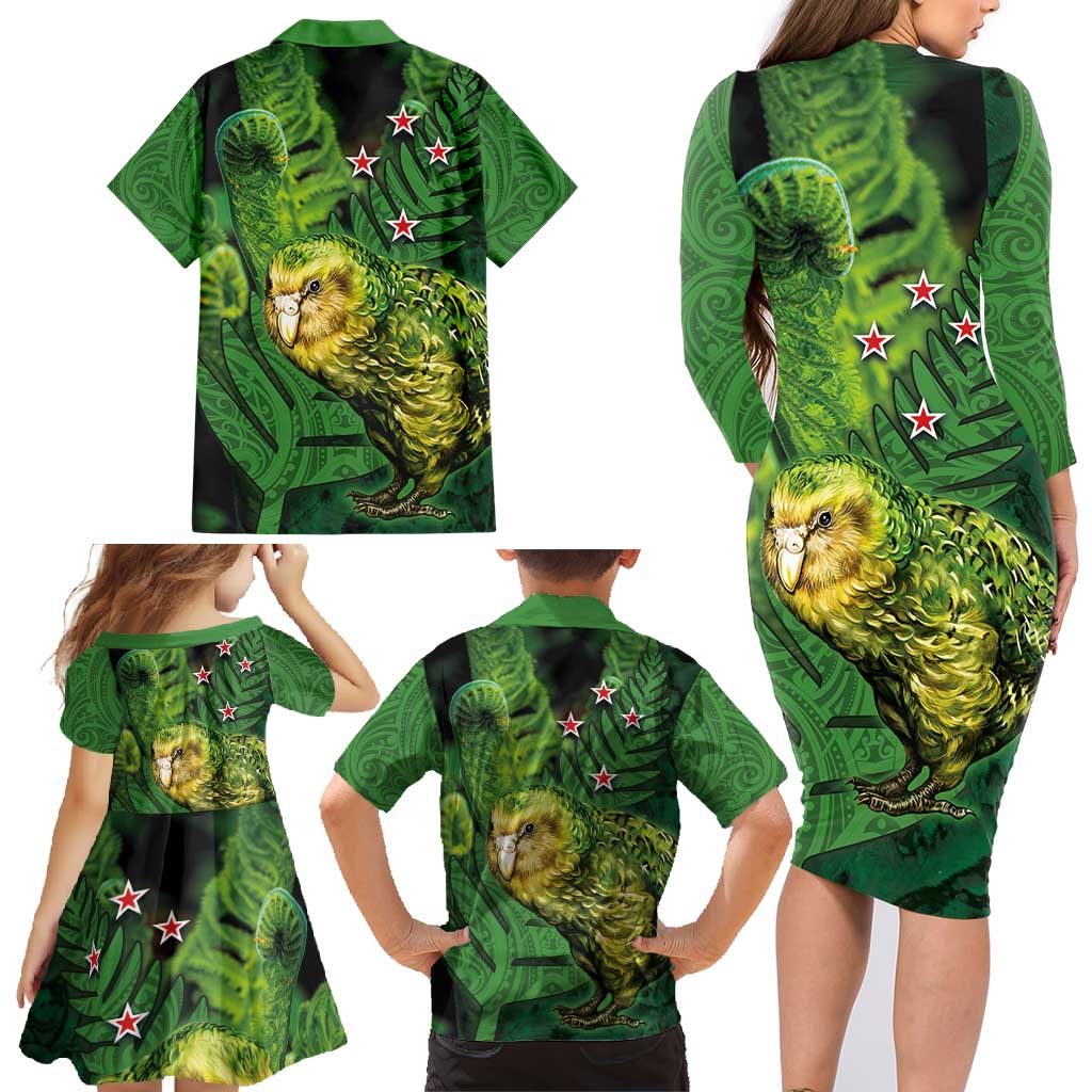 New Zealand Kkp Family Matching Long Sleeve Bodycon Dress and Hawaiian Shirt Silver Fern with Close up of Green Fern Leaves and Maori Tattoo LT03 - Polynesian Pride