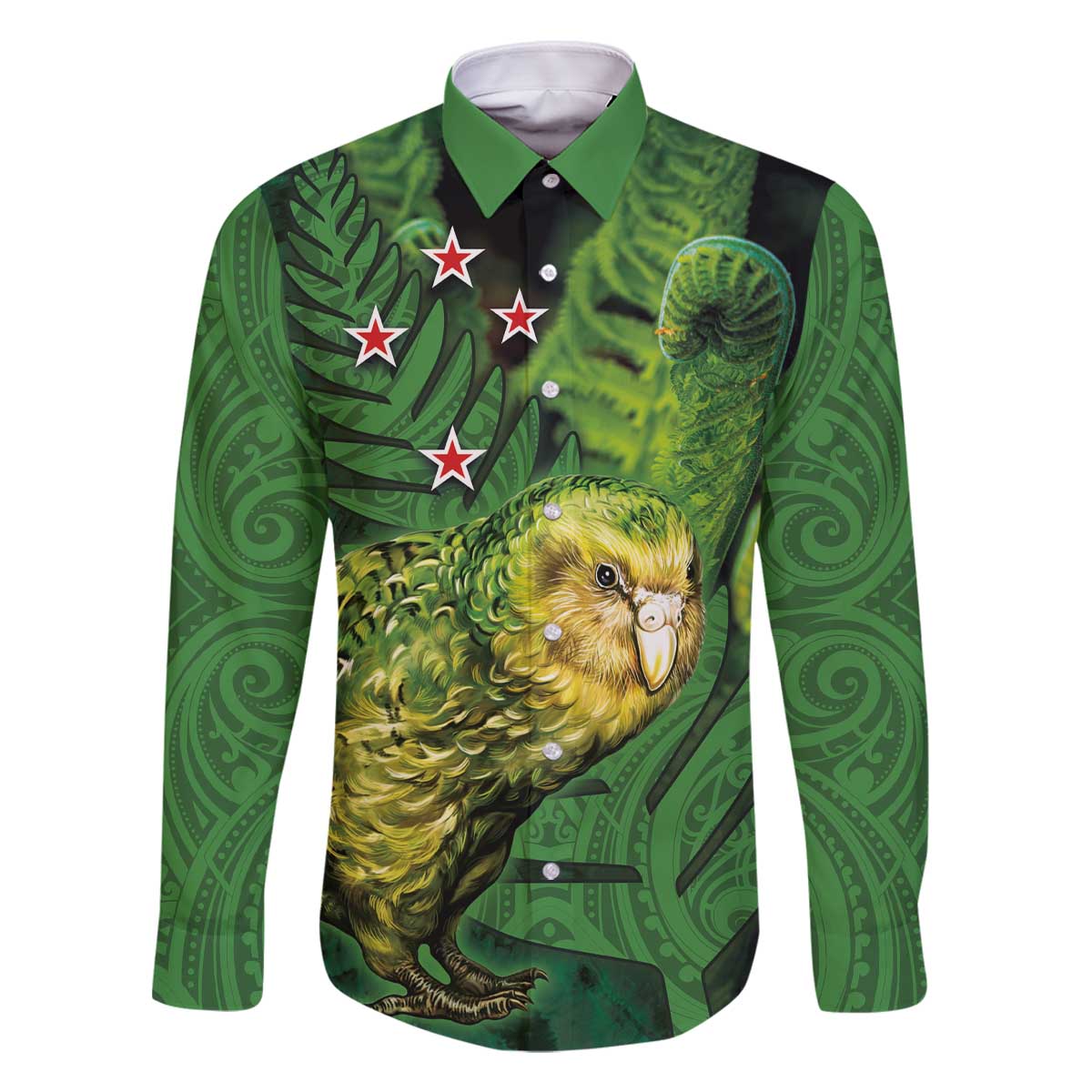 New Zealand Kkp Family Matching Off The Shoulder Long Sleeve Dress and Hawaiian Shirt Silver Fern with Close up of Green Fern Leaves and Maori Tattoo LT03 Dad's Shirt - Long Sleeve Green - Polynesian Pride