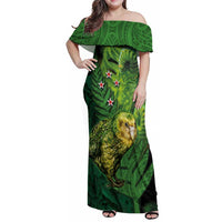 New Zealand Kkp Family Matching Off Shoulder Maxi Dress and Hawaiian Shirt Silver Fern with Close up of Green Fern Leaves and Maori Tattoo LT03 Mom's Dress Green - Polynesian Pride