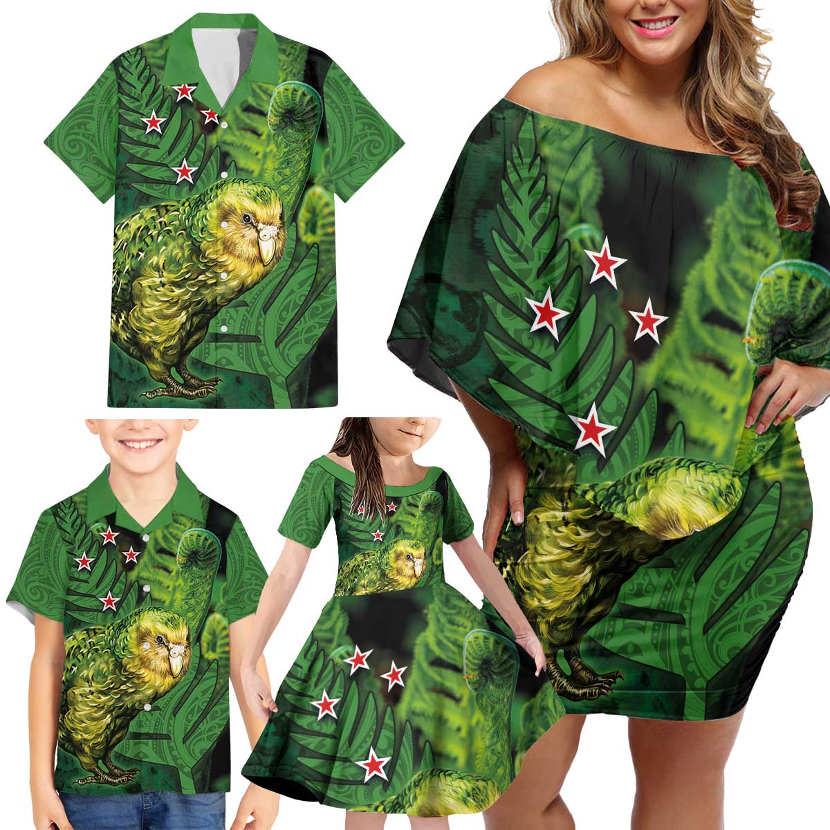New Zealand Kkp Family Matching Off Shoulder Short Dress and Hawaiian Shirt Silver Fern with Close up of Green Fern Leaves and Maori Tattoo LT03 - Polynesian Pride