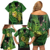 New Zealand Kkp Family Matching Off Shoulder Short Dress and Hawaiian Shirt Silver Fern with Close up of Green Fern Leaves and Maori Tattoo LT03 - Polynesian Pride