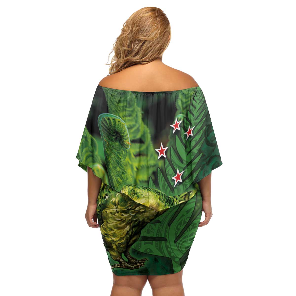 New Zealand Kkp Family Matching Off Shoulder Short Dress and Hawaiian Shirt Silver Fern with Close up of Green Fern Leaves and Maori Tattoo LT03 - Polynesian Pride