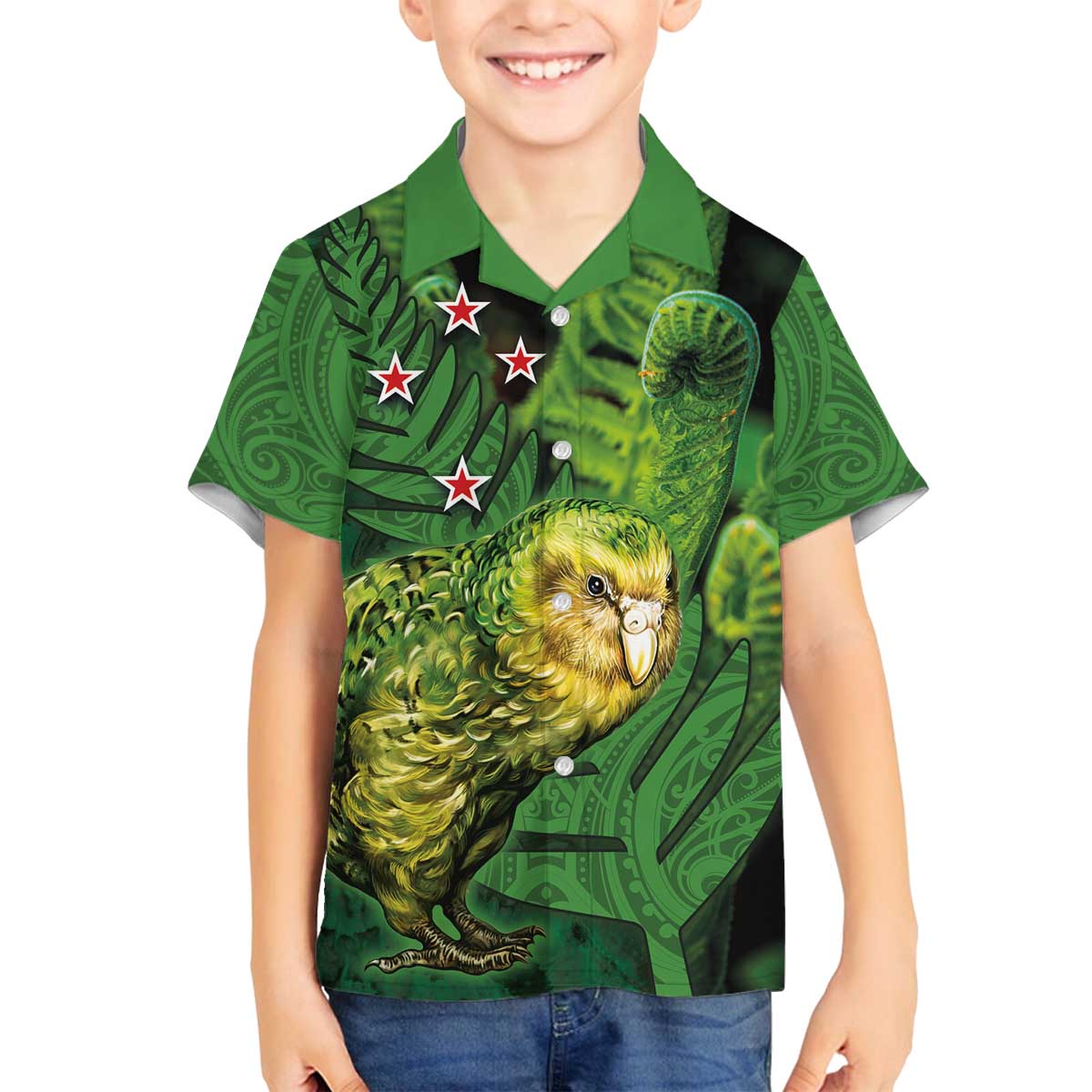 New Zealand Kkp Family Matching Off Shoulder Short Dress and Hawaiian Shirt Silver Fern with Close up of Green Fern Leaves and Maori Tattoo LT03 Son's Shirt Green - Polynesian Pride