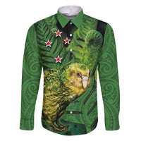 New Zealand Kkp Family Matching Puletasi and Hawaiian Shirt Silver Fern with Close up of Green Fern Leaves and Maori Tattoo LT03 Dad's Shirt - Long Sleeve Green - Polynesian Pride