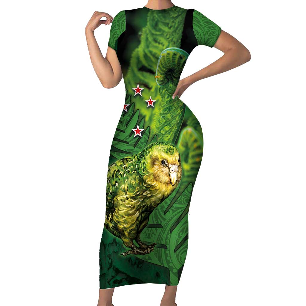New Zealand Kkp Family Matching Short Sleeve Bodycon Dress and Hawaiian Shirt Silver Fern with Close up of Green Fern Leaves and Maori Tattoo LT03 Mom's Dress Green - Polynesian Pride