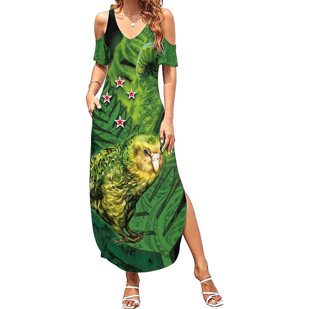 New Zealand Kkp Family Matching Summer Maxi Dress and Hawaiian Shirt Silver Fern with Close up of Green Fern Leaves and Maori Tattoo LT03 Mom's Dress Green - Polynesian Pride